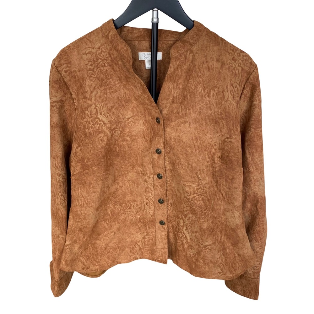 Christopher & Banks Cognac Faux Suede Embossed Floral Jacket Mandarin Collar L